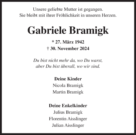 Traueranzeige von Gabriele Bramigk von Tagesspiegel