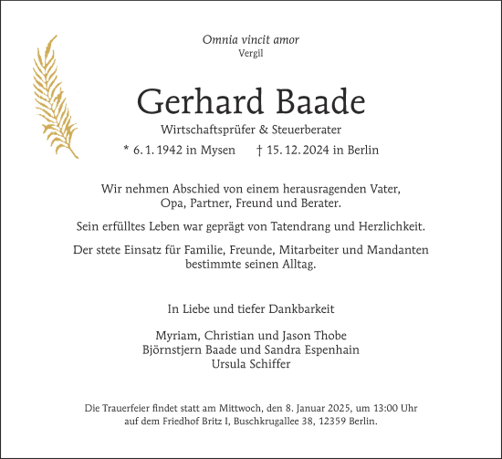 Traueranzeige von Gerhard Baade von Tagesspiegel