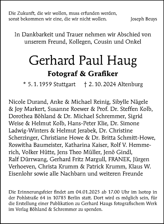 Traueranzeige von Gerhard  Haug von Tagesspiegel