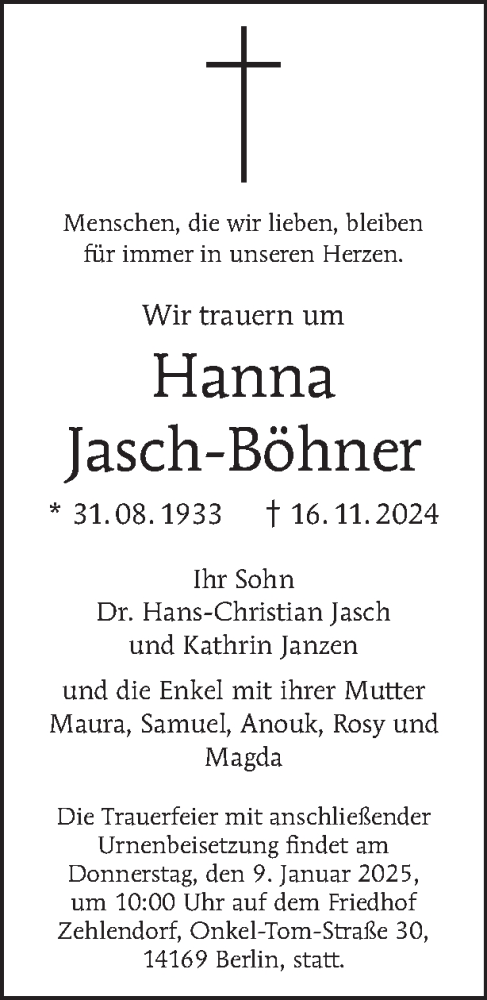 Traueranzeige von Hanna Jasch-Böhner von Tagesspiegel