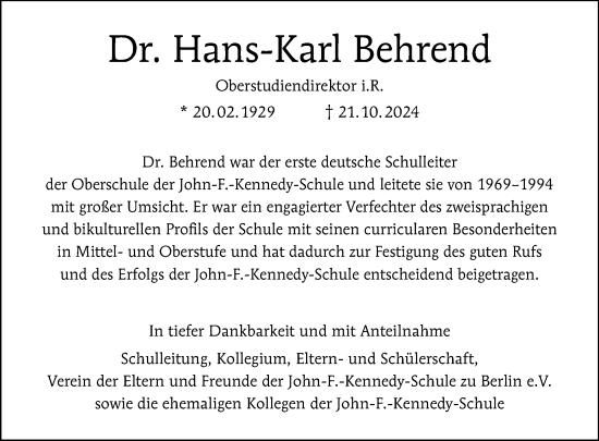 Traueranzeige von Hans-Karl Behrend von Tagesspiegel