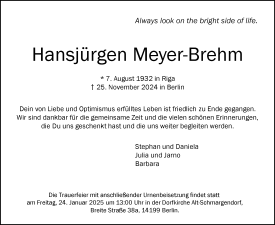 Traueranzeige von Hansjürgen Meyer-Brehm von Tagesspiegel