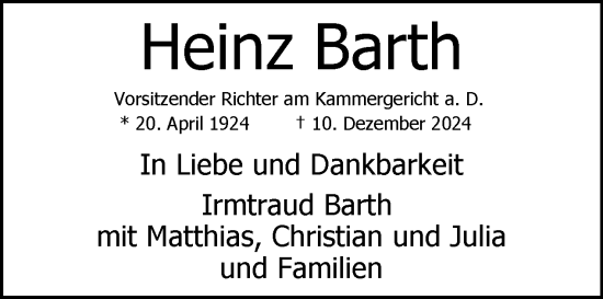 Traueranzeige von Heinz Barth von Tagesspiegel