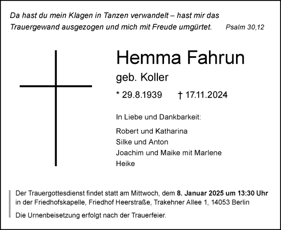 Traueranzeige von Hemma Fahrun von Tagesspiegel