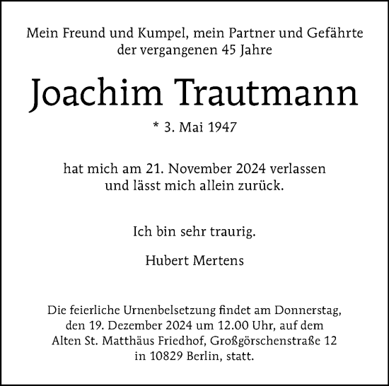 Traueranzeige von Joachim Trautmann von Tagesspiegel