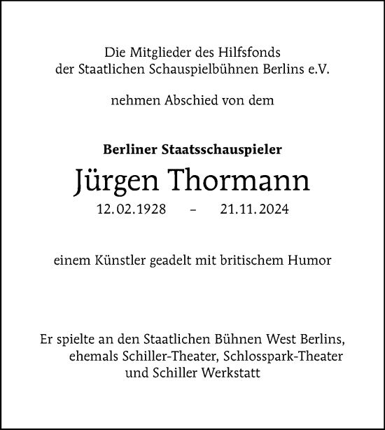 Traueranzeige von Jürgen Thormann von Tagesspiegel