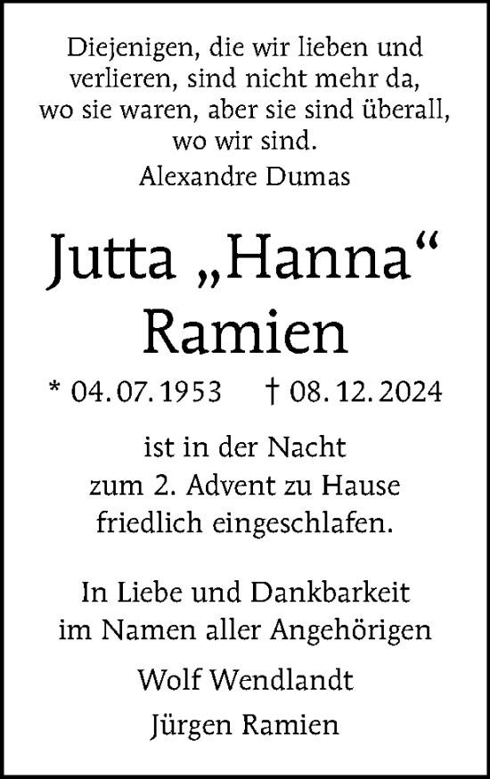 Traueranzeige von Jutta Ramien von Tagesspiegel