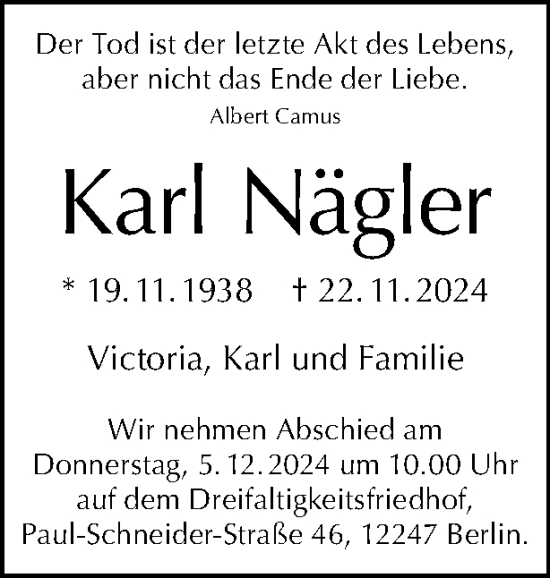 Traueranzeige von Karl Nägler von Tagesspiegel