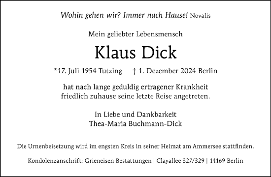 Traueranzeige von Klaus Dick von Tagesspiegel