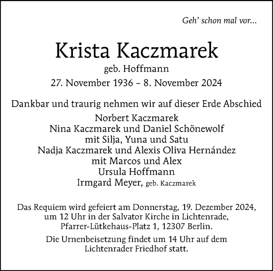 Traueranzeige von Krista Kaczmarek von Tagesspiegel