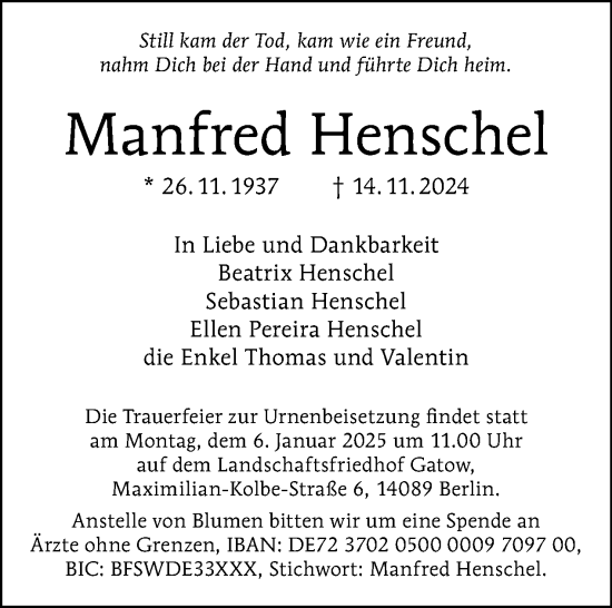 Traueranzeige von Manfred Henschel von Tagesspiegel