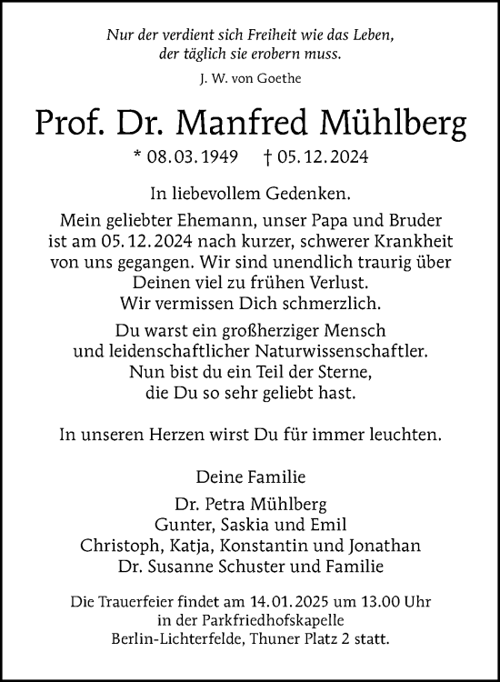 Traueranzeige von Manfred Mühlberg von Tagesspiegel