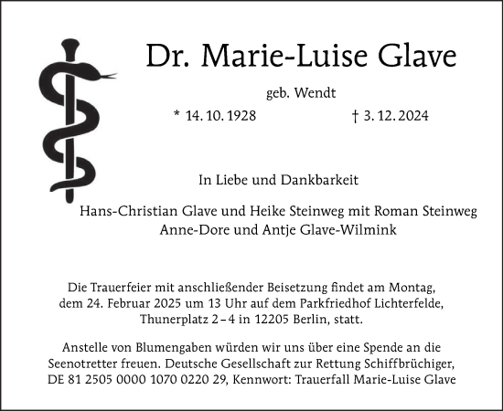 Traueranzeige von Marie-Luise Glave von Tagesspiegel