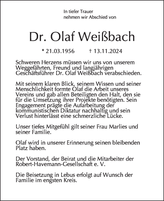 Traueranzeige von Olaf Weißbach von Tagesspiegel