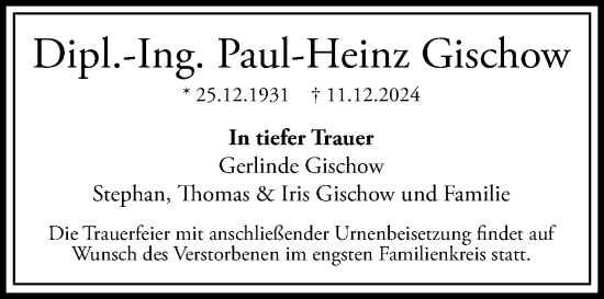 Traueranzeige von Paul-Heinz Gischow von Tagesspiegel