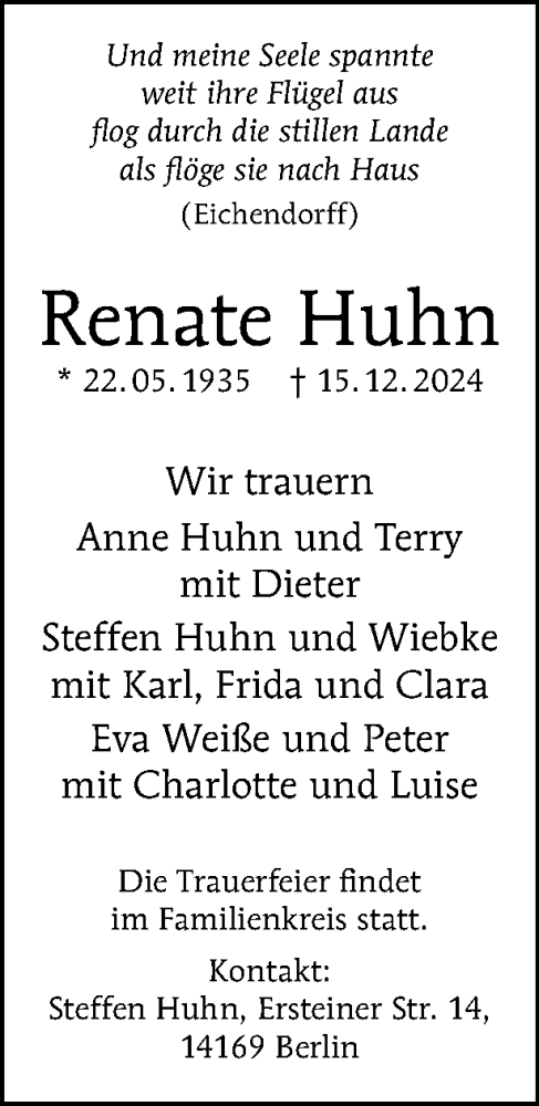 Traueranzeige von Renate Huhn von Tagesspiegel