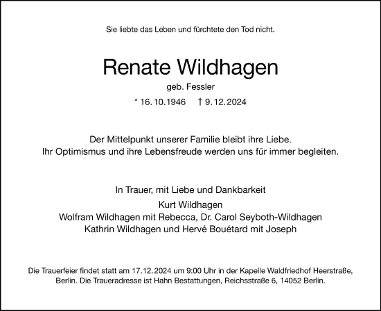 Traueranzeige von Renate Wildhagen von Tagesspiegel