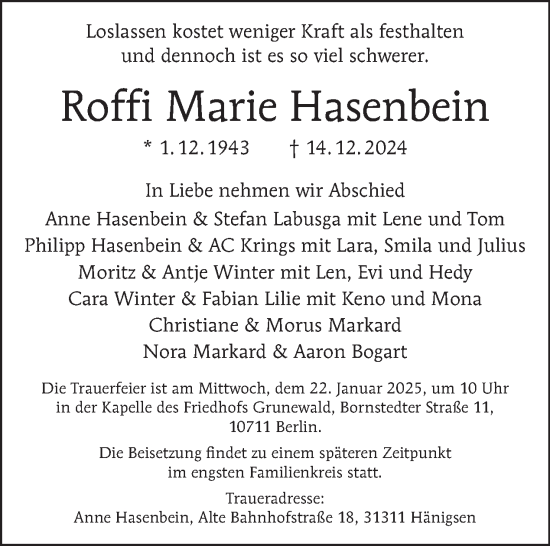 Traueranzeige von Roffi Marie Hasenbein von Tagesspiegel