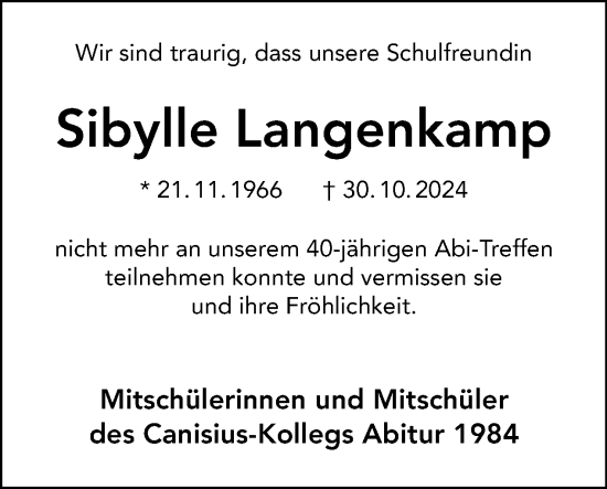 Traueranzeige von Sibylle Langenkamp von Tagesspiegel