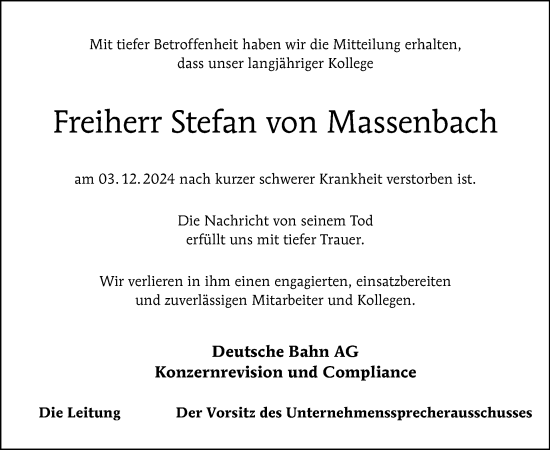 Traueranzeige von Stefan Freiherr von Massenbach von Tagesspiegel