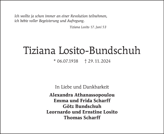 Traueranzeige von Tiziana Losito-Bundschuh von Tagesspiegel