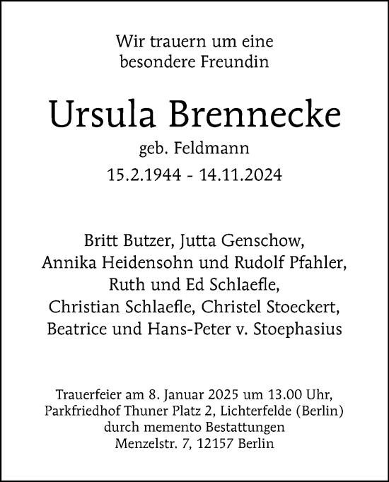 Traueranzeige von Ursula Brennecke von Tagesspiegel