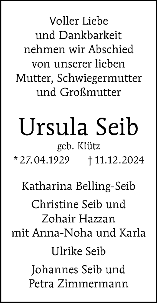 Traueranzeige von Ursula Seib von Tagesspiegel