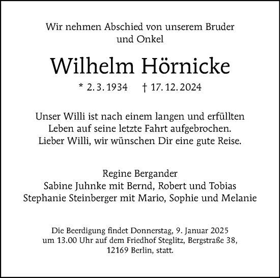 Traueranzeige von Wilhelm Hörnicke von Tagesspiegel