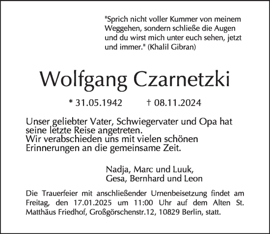 Traueranzeige von Wolfgang Czarnetzki von Tagesspiegel