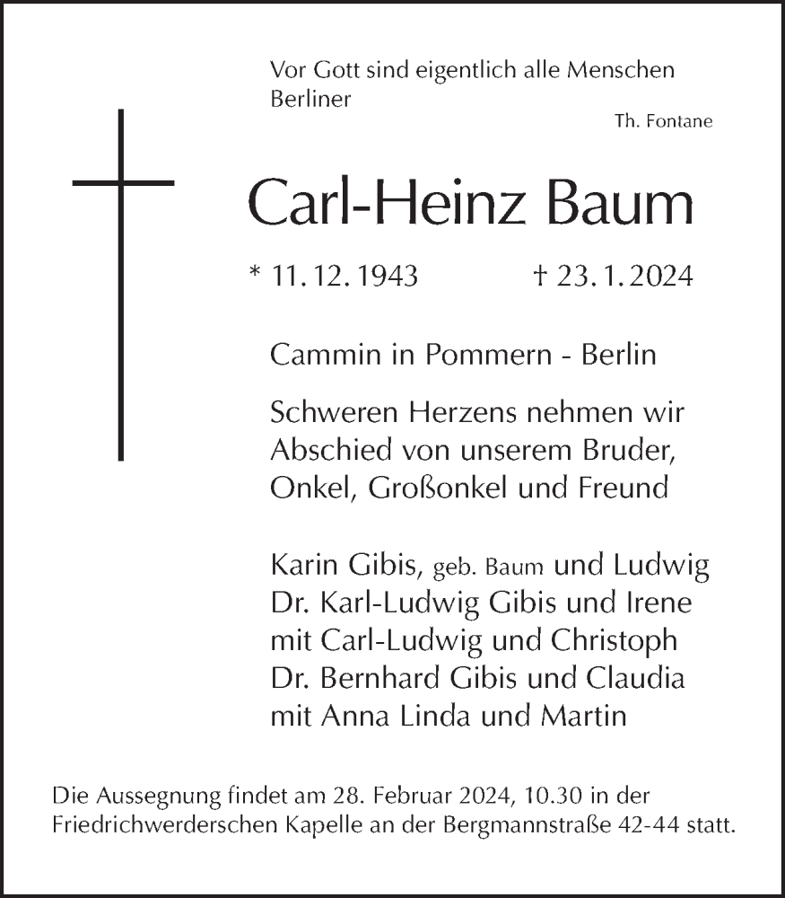  Traueranzeige für Carl-Heinz Baum vom 04.02.2024 aus Tagesspiegel