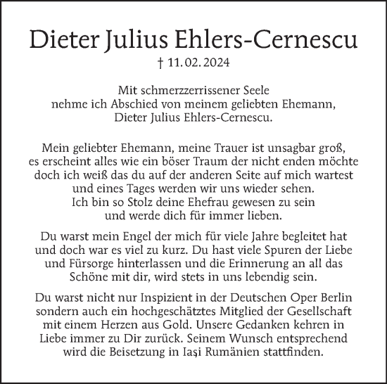 Traueranzeige von Dieter Julius Ehlers-Cernescu von Tagesspiegel