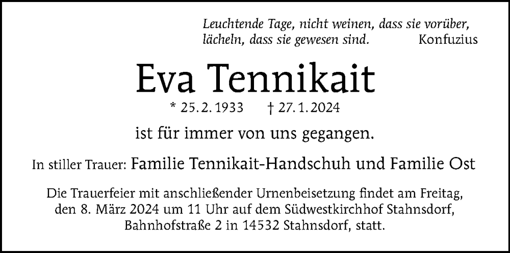  Traueranzeige für Eva Tennikait vom 11.02.2024 aus Tagesspiegel