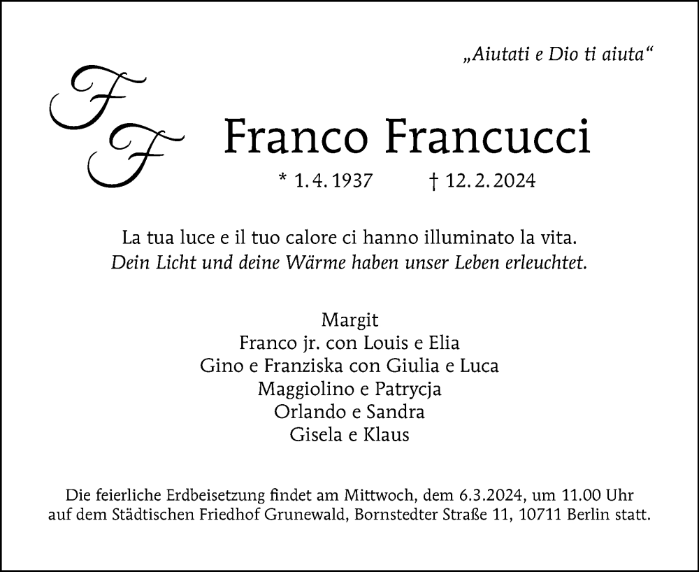  Traueranzeige für Franco Francucci vom 18.02.2024 aus Tagesspiegel