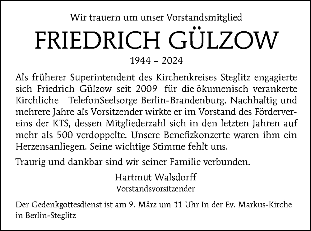  Traueranzeige für Friedrich Gülzow vom 18.02.2024 aus Tagesspiegel