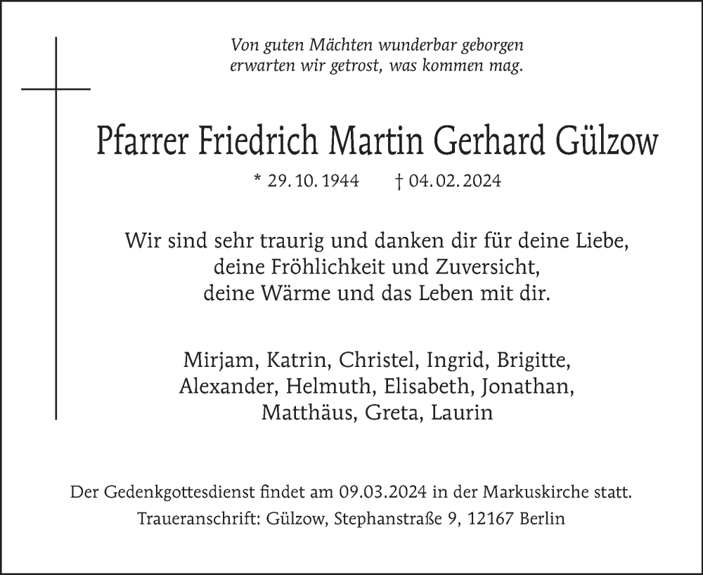  Traueranzeige für Friedrich Gülzow vom 11.02.2024 aus Tagesspiegel