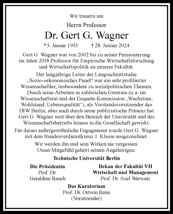 Traueranzeige von Gert G. Wagner von Tagesspiegel