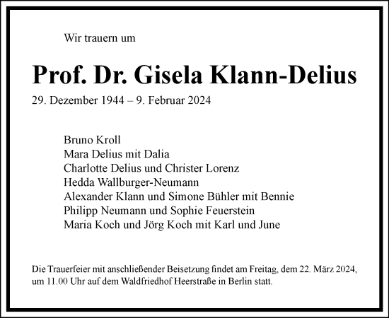 Traueranzeige von Gisela Klann-Delius von Tagesspiegel
