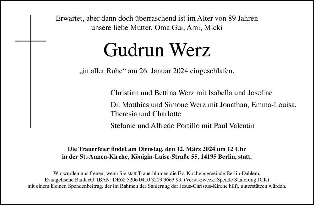  Traueranzeige für Gudrun Werz vom 11.02.2024 aus Tagesspiegel