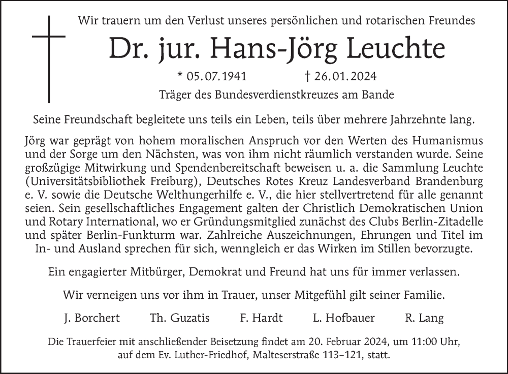  Traueranzeige für Hans-Jörg Leuchte vom 11.02.2024 aus Tagesspiegel