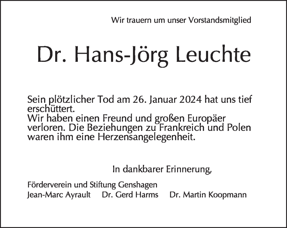  Traueranzeige für Hans-Jörg Leuchte vom 04.02.2024 aus Tagesspiegel
