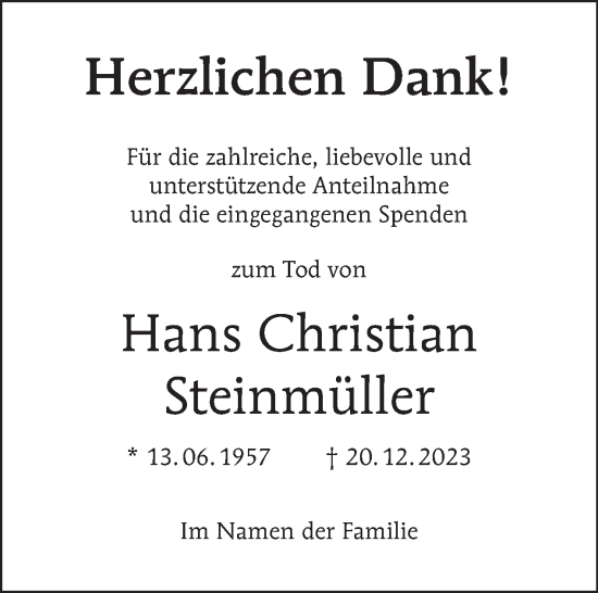 Traueranzeige von Hans Christian Steinmüller von Tagesspiegel