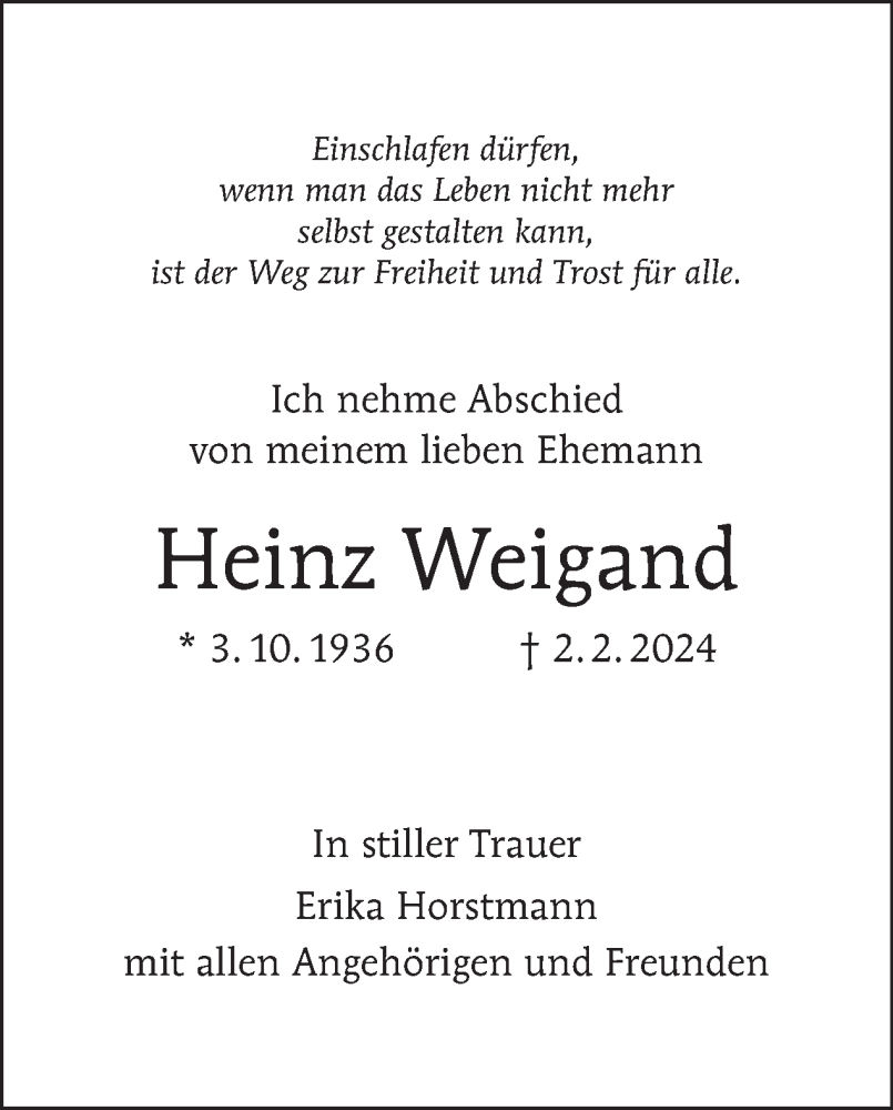  Traueranzeige für Heinz Weigand vom 11.02.2024 aus Tagesspiegel