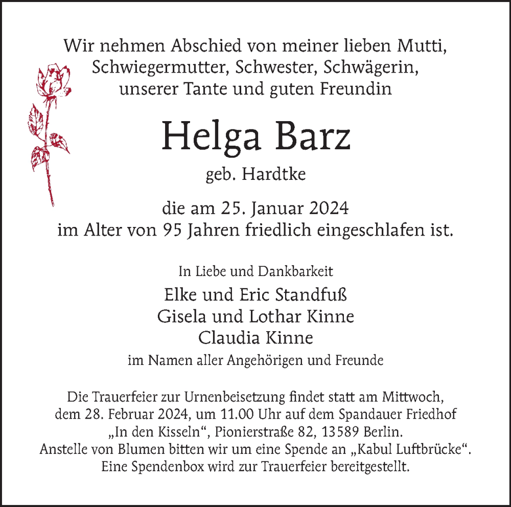  Traueranzeige für Helga Barz vom 11.02.2024 aus Tagesspiegel