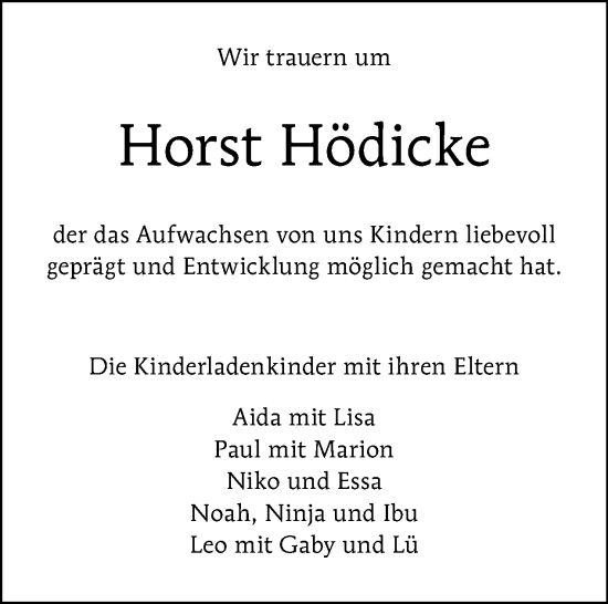 Traueranzeige von Horst Hödicke von Tagesspiegel