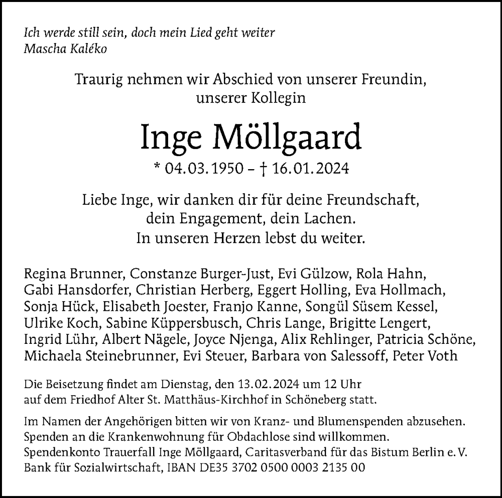  Traueranzeige für Inge Möllgaard vom 04.02.2024 aus Tagesspiegel