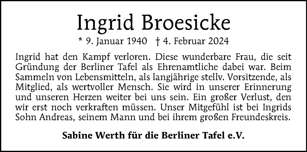  Traueranzeige für Ingrid Broesicke vom 11.02.2024 aus Tagesspiegel