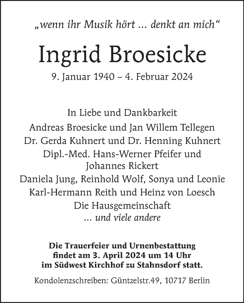  Traueranzeige für Ingrid Broesicke vom 11.02.2024 aus Tagesspiegel