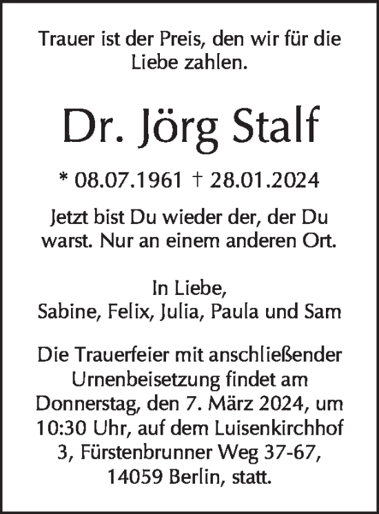 Traueranzeige von Jörg Stalf von Tagesspiegel
