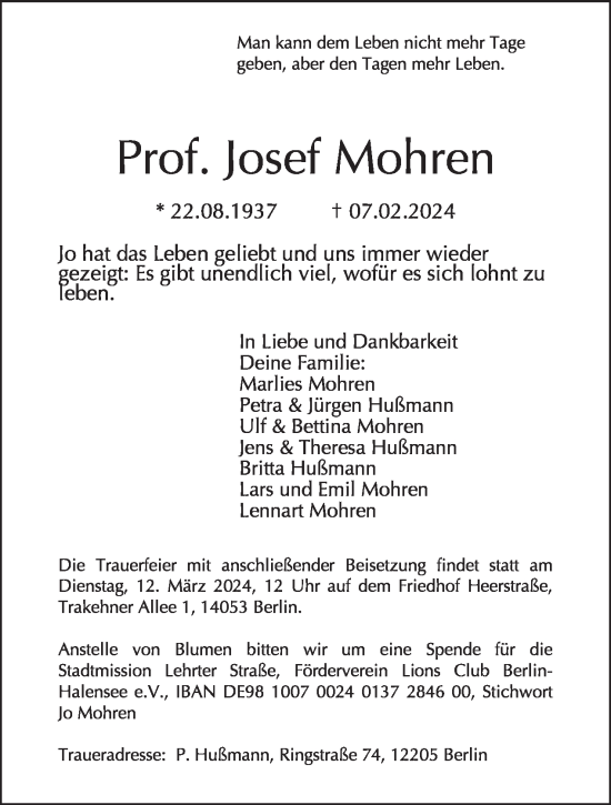 Traueranzeige von Josef Mohren von Tagesspiegel