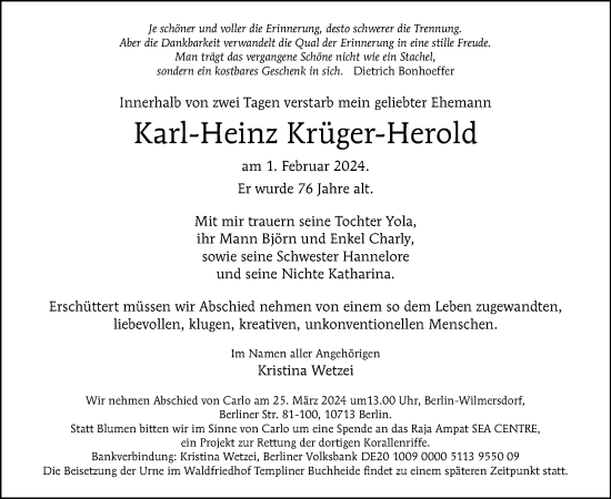 Traueranzeige von Karl-Heinz Krüger-Herold von Tagesspiegel